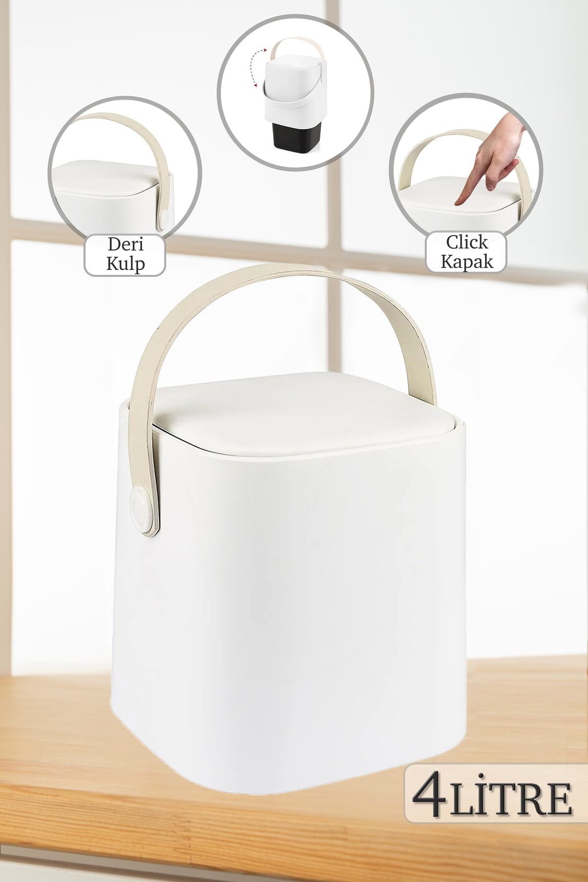 Click Kapaklı Kulplu Mutfak Çöp Kovası - Tezgah Üstü Sihirli Iç Kovalı Çöp Kovası 4 Lt - Beyaz